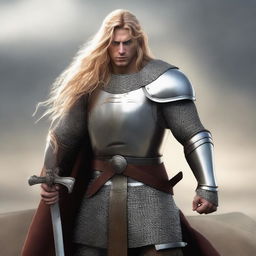 A standing human paladin with long blonde hair, wearing chain mail