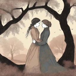 An illustrated book cover featuring a lesbian couple in an intimate embrace under a large willow tree, set in the Victorian era and using moody colors