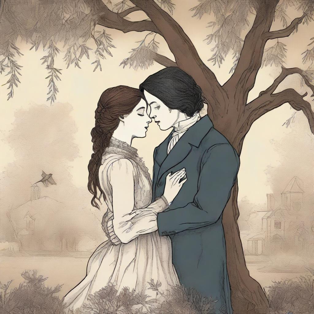 An illustrated book cover featuring a lesbian couple in an intimate embrace under a large willow tree, set in the Victorian era and using moody colors