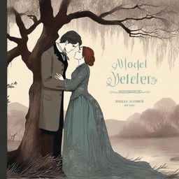 An illustrated book cover featuring a lesbian couple in an intimate embrace under a large willow tree, set in the Victorian era and using moody colors