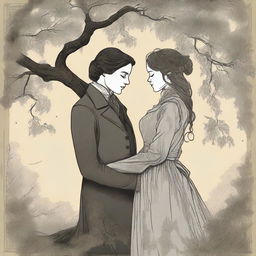 An illustrated book cover featuring a lesbian couple in an intimate embrace under a large willow tree, set in the Victorian era and using moody colors