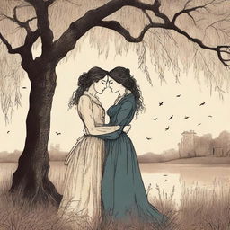 An illustrated book cover featuring a lesbian couple in an intimate embrace under a large willow tree, set in the Victorian era and using moody colors