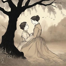 An illustrated book cover featuring a lesbian couple in an intimate embrace under a large willow tree, set in the Victorian era and using moody colors