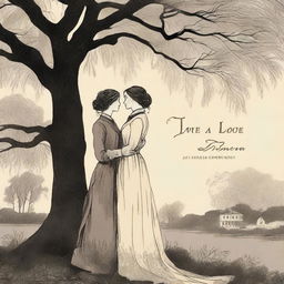 An illustrated book cover featuring a lesbian couple in an intimate embrace under a large willow tree, set in the Victorian era and using moody colors