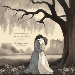 An illustrated book cover featuring a lesbian couple in an intimate embrace under a large willow tree, set in the Victorian era and using moody colors