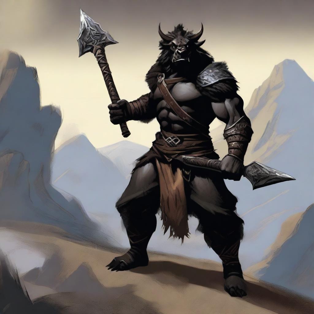 A standing black dragonborn barbarian, wearing an animal fur vest and loincloth