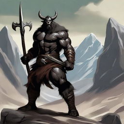 A standing black dragonborn barbarian, wearing an animal fur vest and loincloth