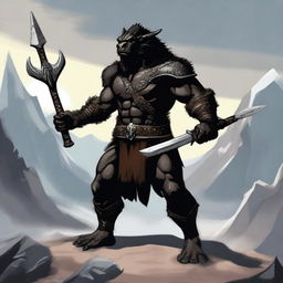 A standing black dragonborn barbarian, wearing an animal fur vest and loincloth