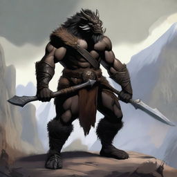 A standing black dragonborn barbarian, wearing an animal fur vest and loincloth