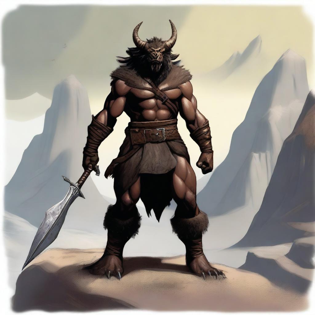 A standing black-scaled dragonborn barbarian with a long tail, wearing an animal fur vest and loincloth