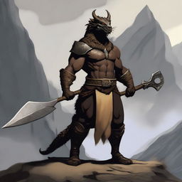 A standing black-scaled dragonborn barbarian with a long tail, wearing an animal fur vest and loincloth