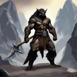 A standing black-scaled dragonborn barbarian with a long tail, wearing an animal fur vest and loincloth