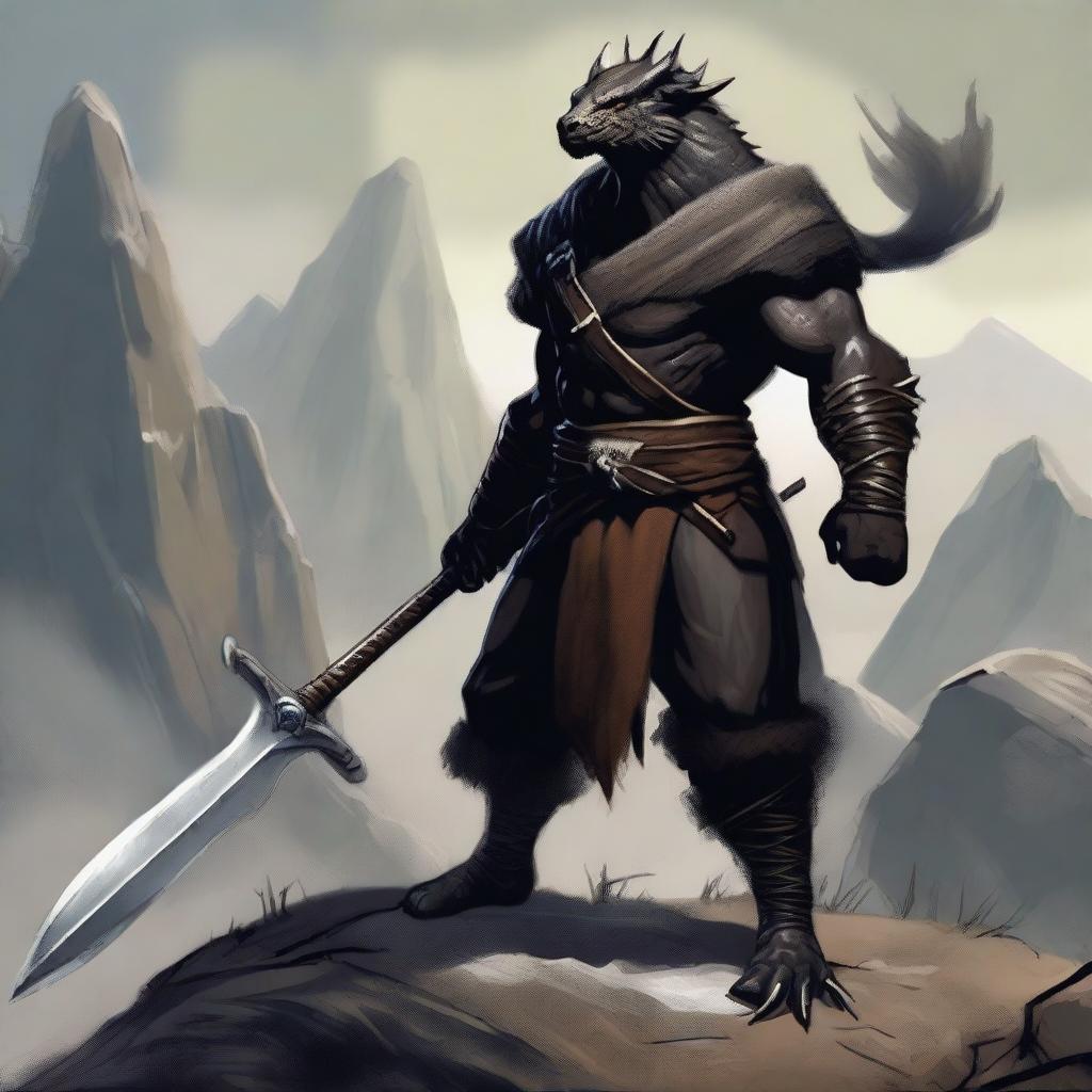 A standing black-scaled dragonborn barbarian with a long tail, wearing an animal fur vest and loincloth