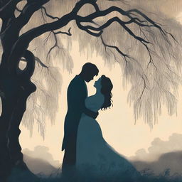 An illustrated book cover featuring a silhouette of a lesbian couple in an intimate embrace under a large willow tree, set in the Victorian era and using moody colors