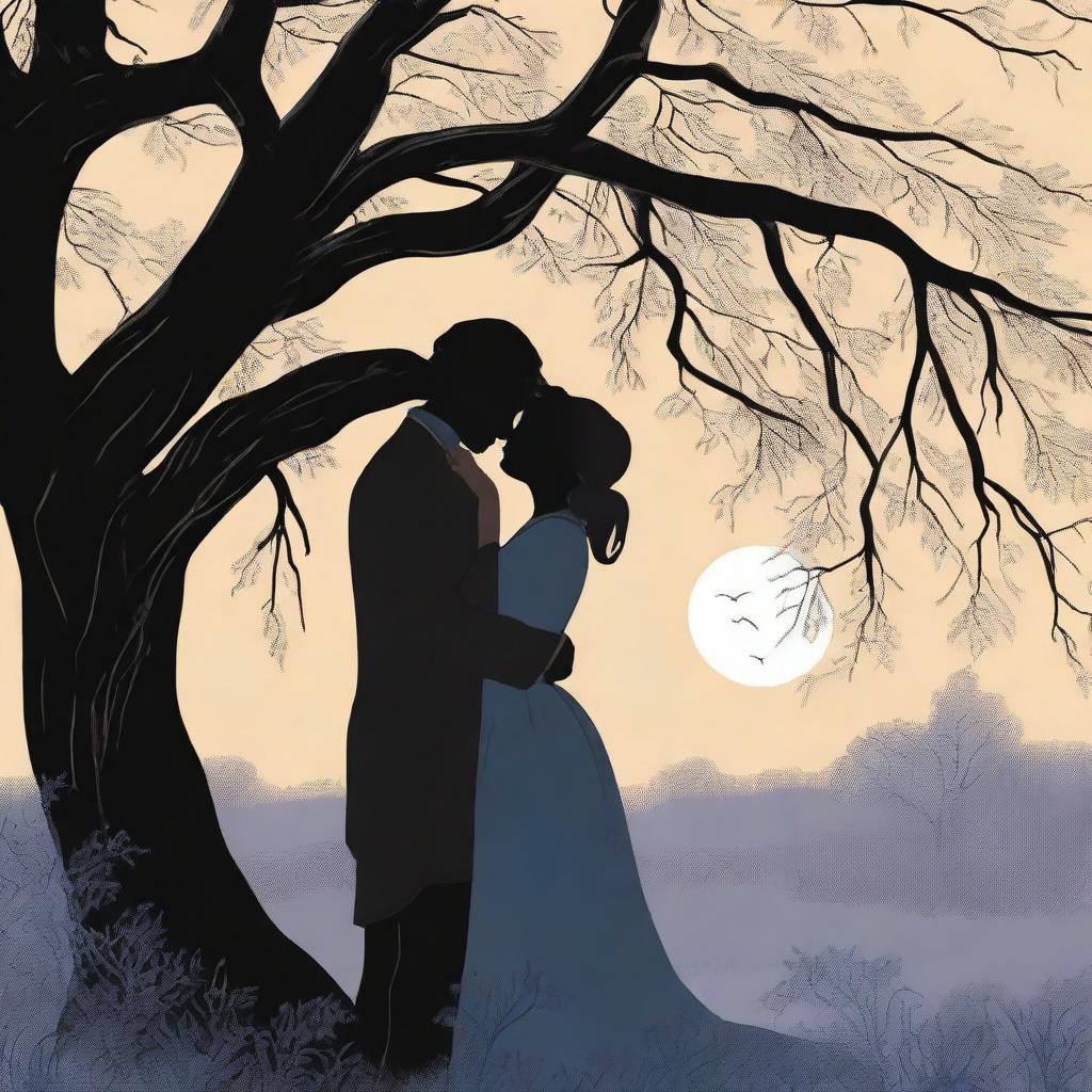 An illustrated book cover featuring a silhouette of a lesbian couple in an intimate embrace under a large willow tree, set in the Victorian era and using moody colors