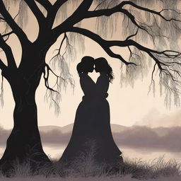 An illustrated book cover featuring a silhouette of a lesbian couple in an intimate embrace under a large willow tree, set in the Victorian era and using moody colors