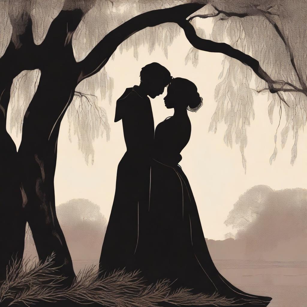 An illustrated book cover featuring a silhouette of a lesbian couple in an intimate embrace under a large willow tree, set in the Victorian era and using dark colors