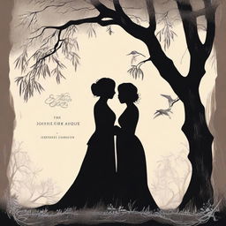 An illustrated book cover featuring a silhouette of a lesbian couple in an intimate embrace under a large willow tree, set in the Victorian era and using dark colors