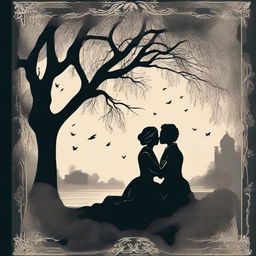 An illustrated book cover featuring a silhouette of a lesbian couple in an intimate embrace under a large willow tree, set in the Victorian era and using dark colors