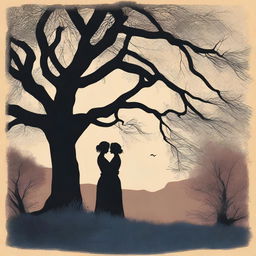 A book cover illustration featuring a silhouette of a lesbian couple in an intimate embrace under a large willow tree