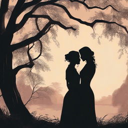 A book cover illustration featuring a silhouette of a lesbian couple in an intimate embrace under a large willow tree