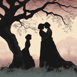 A book cover illustration featuring a silhouette of a lesbian couple in an intimate embrace under a large willow tree