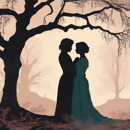 A book cover illustration featuring a silhouette of a lesbian couple in an intimate embrace under a large willow tree