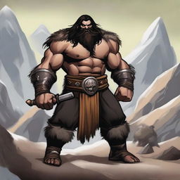 A standing light brown-skinned dwarf barbarian with long black hair and a beard, wearing an animal fur vest and pants