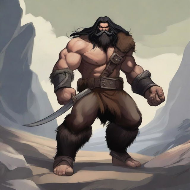 A standing light brown-skinned dwarf barbarian with long black hair and a beard, wearing an animal fur vest and pants