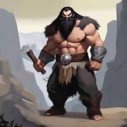 A standing light brown-skinned dwarf barbarian with long black hair and a beard, wearing an animal fur vest and pants