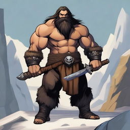 A standing light brown-skinned dwarf barbarian with long black hair and a beard, wearing an animal fur vest and pants