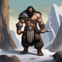 A standing light brown-skinned dwarf barbarian with long black hair and a beard, wearing an animal fur coat and pants