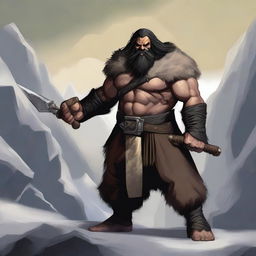 A standing light brown-skinned dwarf barbarian with long black hair and a beard, wearing an animal fur coat and pants