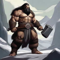 A standing light brown-skinned dwarf barbarian with long black hair and a beard, wearing an animal fur coat and pants