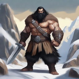 A standing light brown-skinned dwarf barbarian with long black hair and a beard, wearing an animal fur coat and pants