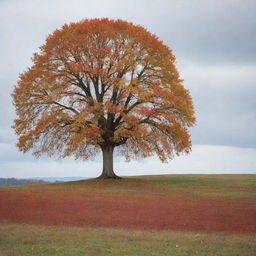 A lone, majestic tree in the midst of an expansive, grassy plain during autumn. Its vibrant, fall-hued leaves symbolize hope against the stark yet beautiful backdrop.