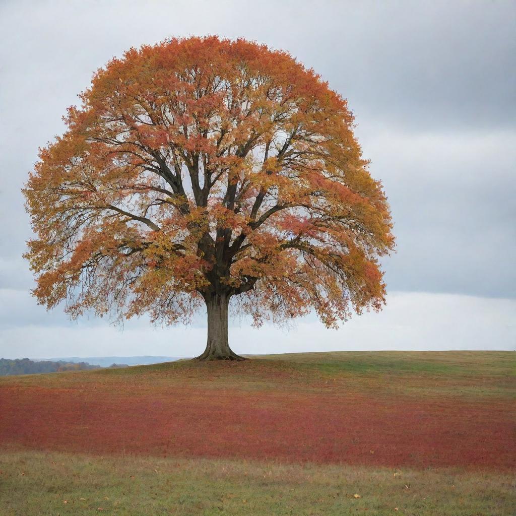 A lone, majestic tree in the midst of an expansive, grassy plain during autumn. Its vibrant, fall-hued leaves symbolize hope against the stark yet beautiful backdrop.