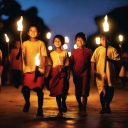 A group of children holding torches, walking together in the evening