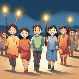 A group of children holding torches, walking together in the evening