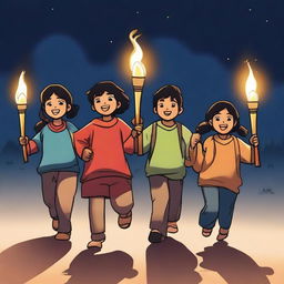 A group of children holding torches, walking together in the evening