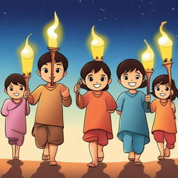 A group of children holding torches, walking together in the evening