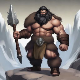 A standing light brown-skinned dwarf barbarian with long black hair and a beard, wearing a heavy animal fur coat and pants