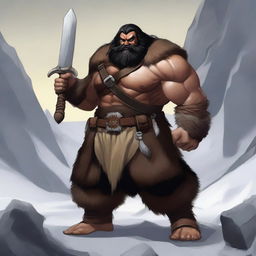 A standing light brown-skinned dwarf barbarian with long black hair and a beard, wearing a heavy animal fur coat and pants