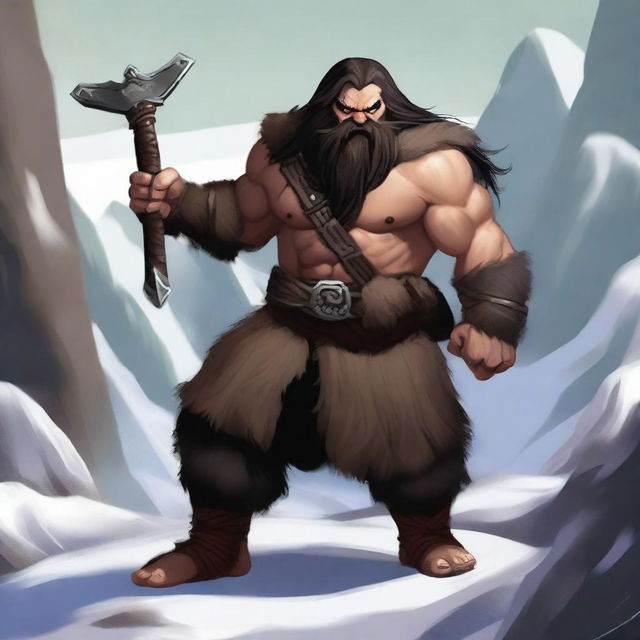 A standing light brown-skinned dwarf barbarian with long black hair and a beard, wearing a heavy animal fur coat and pants