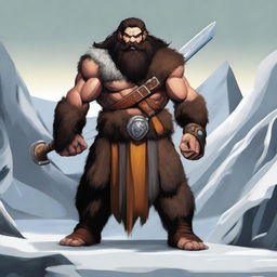 A standing light brown-skinned dwarf barbarian with long black hair and a beard, wearing a heavy animal fur coat and pants