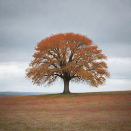 A lone, majestic tree in the midst of an expansive, grassy plain during autumn. Its vibrant, fall-hued leaves symbolize hope against the stark yet beautiful backdrop.