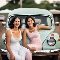 Duas amigas sentadas no capô de um Fusca, sorrindo e aproveitando o momento