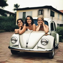 Duas amigas sentadas no capô de um Fusca, sorrindo e aproveitando o momento