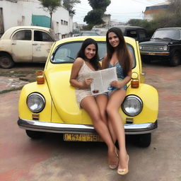 Duas amigas sentadas no capô de um Fusca, sorrindo e aproveitando o momento