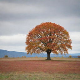 A lone, majestic tree in the midst of an expansive, grassy plain during autumn. Its vibrant, fall-hued leaves symbolize hope against the stark yet beautiful backdrop.